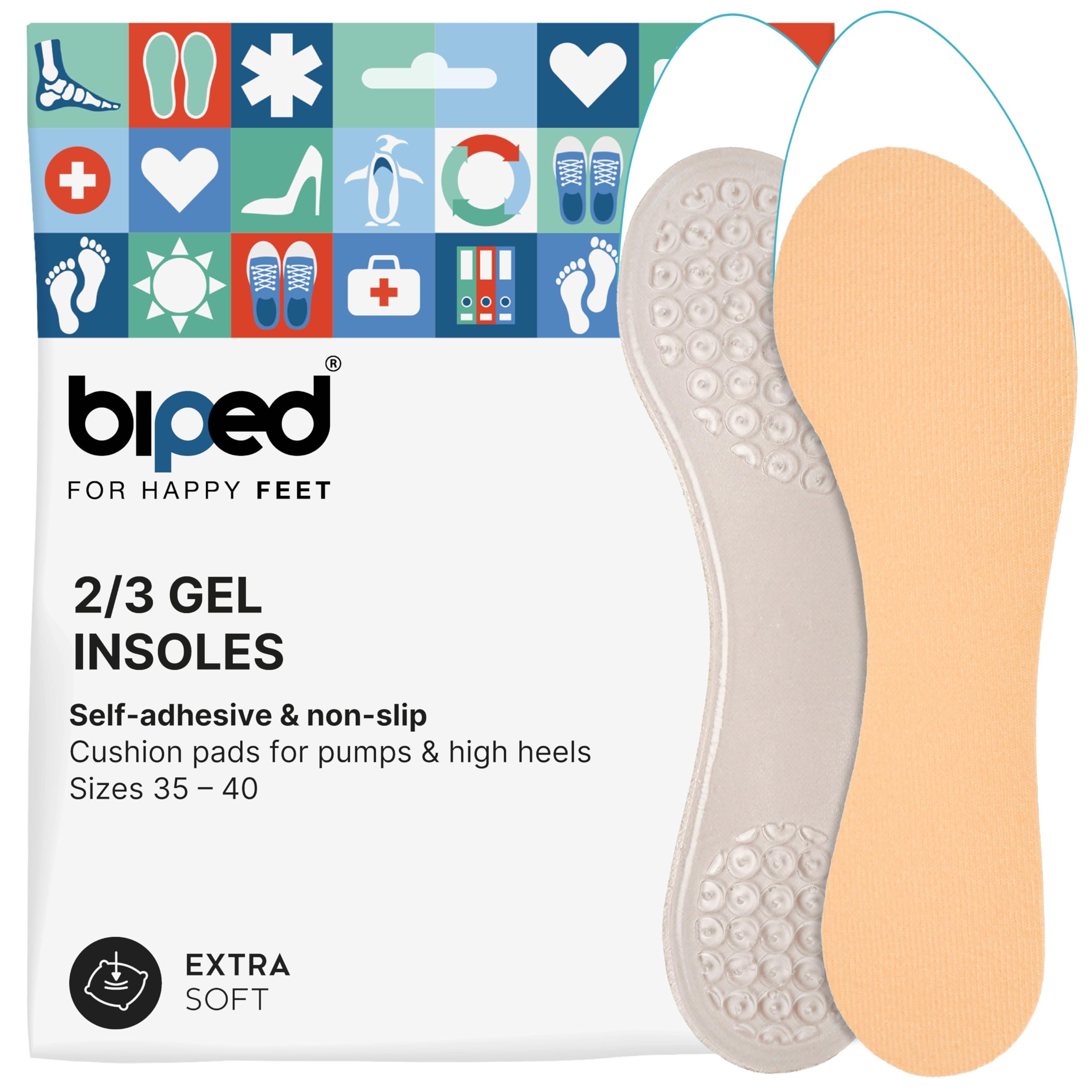 biped Gel Insoles for Pumps and Shoes with Heels, high Heels, Sandals and Ballet Flats - Extra Soft - self-Adhesive Gel Cushions z1006(6-6.5)