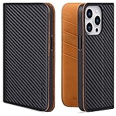 VISOUL Wallet Case for iPhone 14 Pro Max, Magnetic Carbon Fiber Leather Folio Case with Card Holder Flip Phone Cover for iPhone 14 Pro Max (6.7-inch)-Black+Orange
