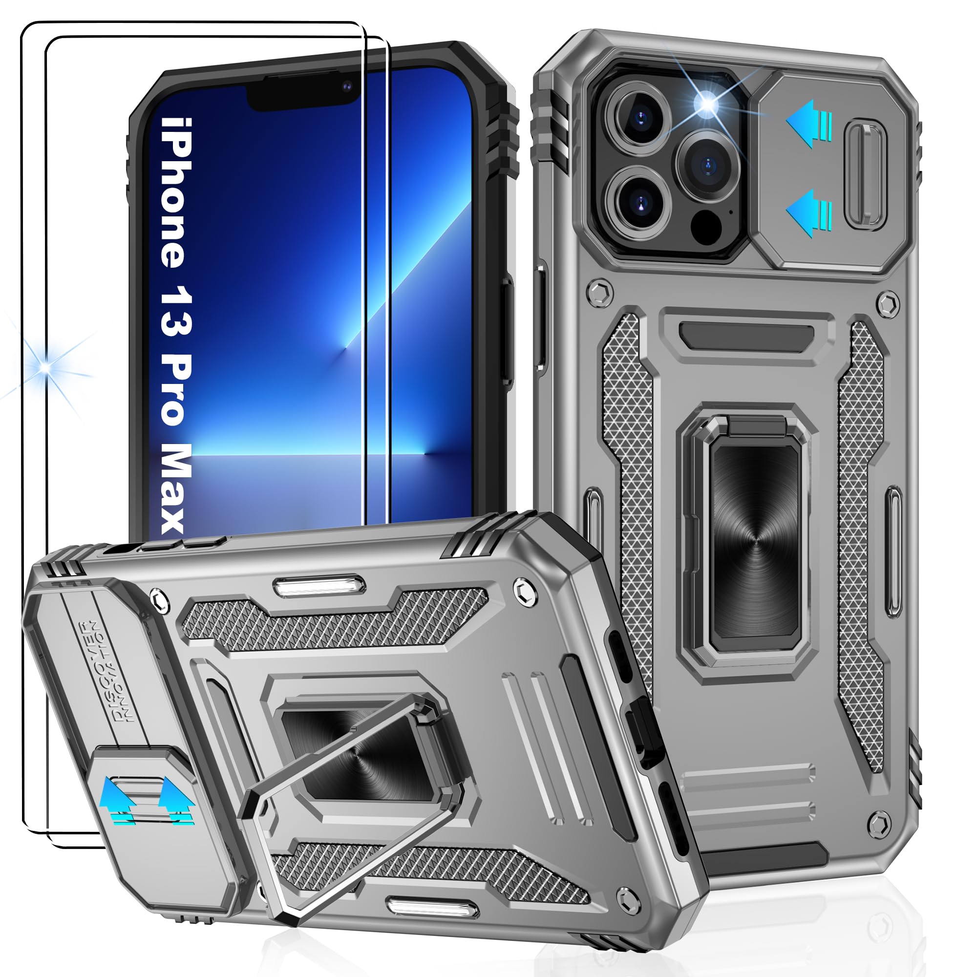 Jshru for iPhone 13 Pro Max Case with Screen Protector [2 Pack] and Slide Camera Cover,Military Grade Shockproof iPhone 13 Pro Max Phone Case,Ring Kickstand Phone Cover for iPhone 13 Pro Max,Grey — image 1