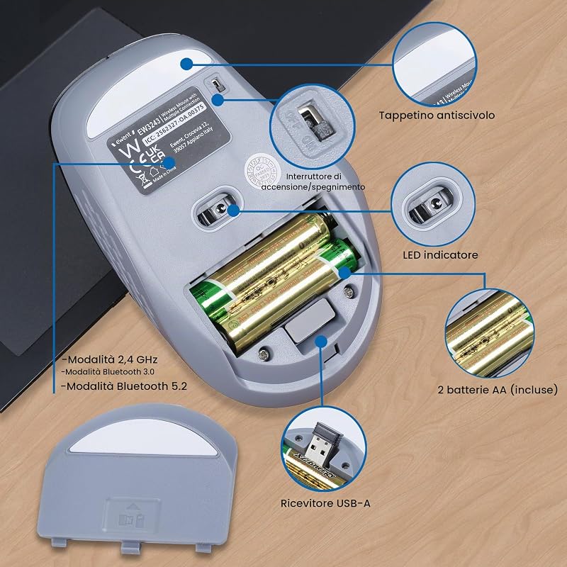Mouse Wireless 2.4GHz con Tasti Silenziosi e Adattatore USB-C – EW3204