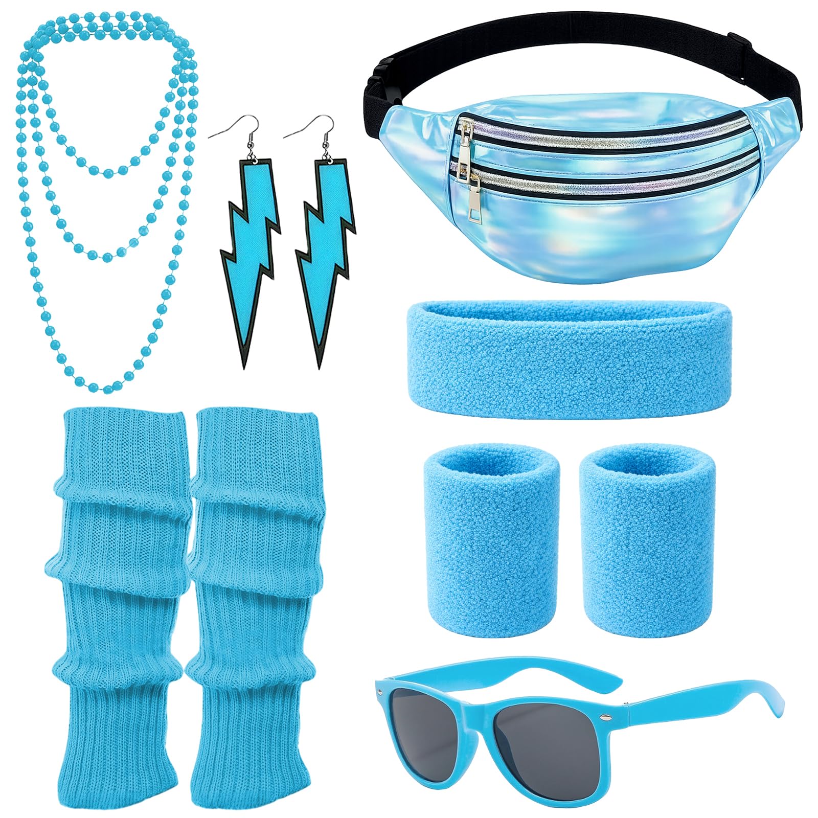 80s Outfit Women's Retro Costume Clothing Accessories 80s 90s Clothing Costume Accessories Headband,Bracelets,Leg Warmers,Earrings,Belt Bag and Glasses for Carnival Neon Party (7, Blue, One Size)