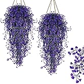 RAINFLOW 2PCS Artificial Hanging Plants Indoor - Vivid Fake Vines with Mini Purple Flowers, Fake Hanging Flowers Ivy Vine for Shelf Wall Living Room Home Garden Patio Balcony Yard Outdoor Decor