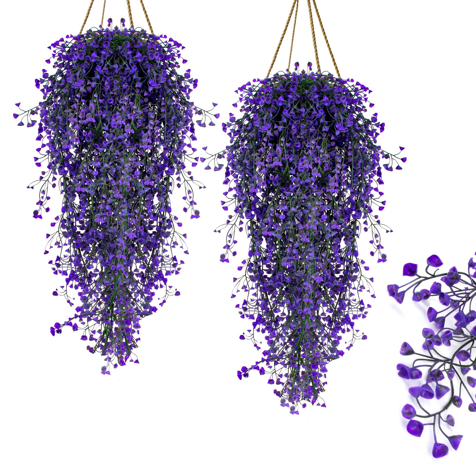 Photo 1 of RAINFLOW 2PCS Artificial Hanging Plants Indoor - Vivid Fake Vines with Mini Purple Flowers, Fake Hanging Flowers Ivy Vine for Shelf Wall Living Room Home Garden Patio Balcony Yard Outdoor Decor