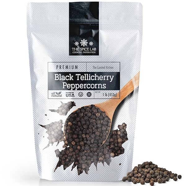 THE SPICE LAB BLACK TELLICHERRY PEPPERCORNS FOR GRINDER PACKED IN THE USA – STEAM STERILIZED KOSHER NON-GMO ALL NATURAL BLACK PEPPER 5015 (1 LB RESEALABLE BAG)