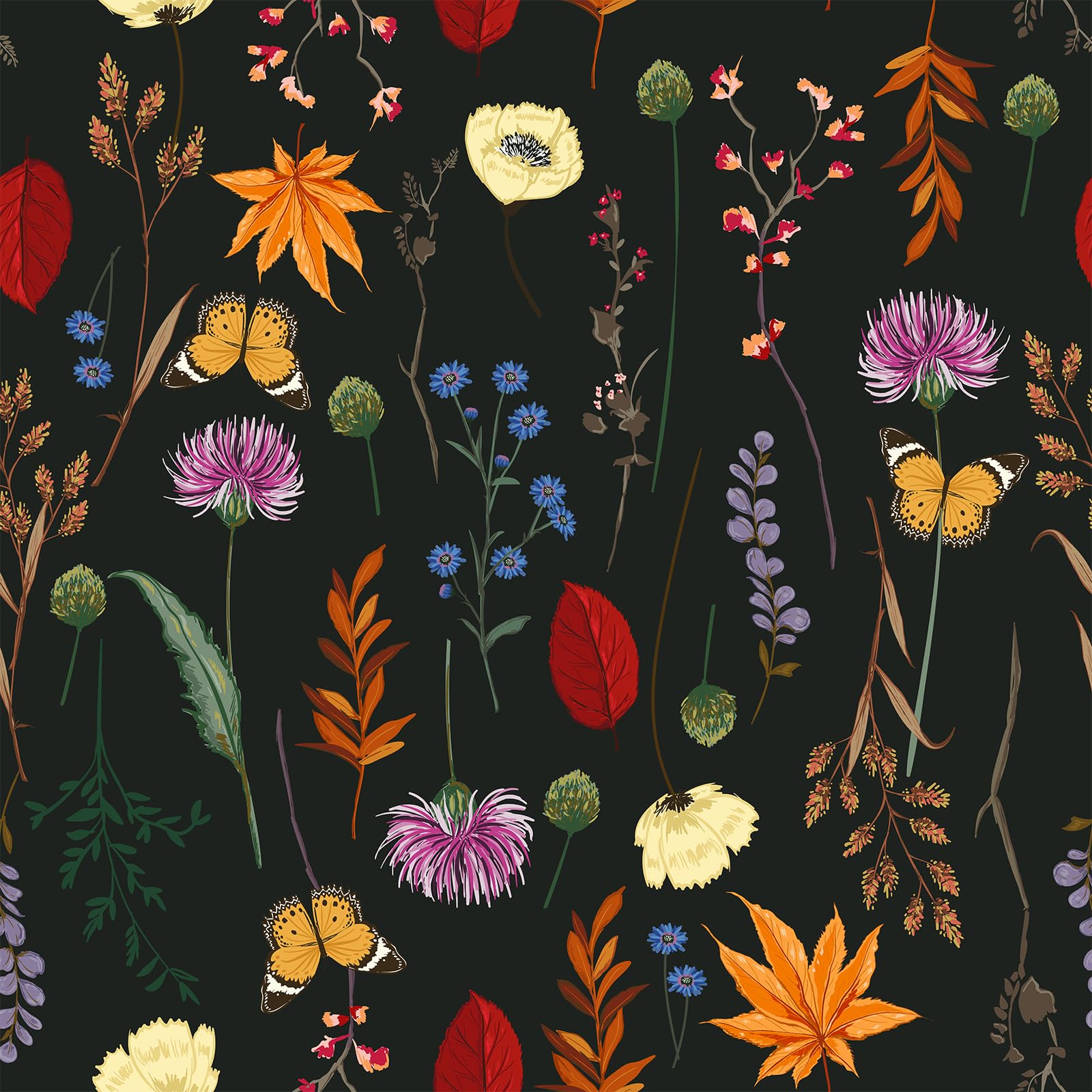 VEELIKE Dark Fall Butterfly Floral Wallpaper Boho Black Leaf Wallpaper Vintage Botanical Wall Art Wallpaper Peel and Stick Patterned Sticky Back Plastic Bedroom Bathroom Cabinet Removable 44.5cmx300cm