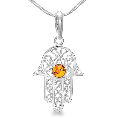 Anhänger Hand der Fatima aus hochwertigem Sterlingsilber mit schützende Naturbernstein Auge, fein-schmuck von Hand poliert - 