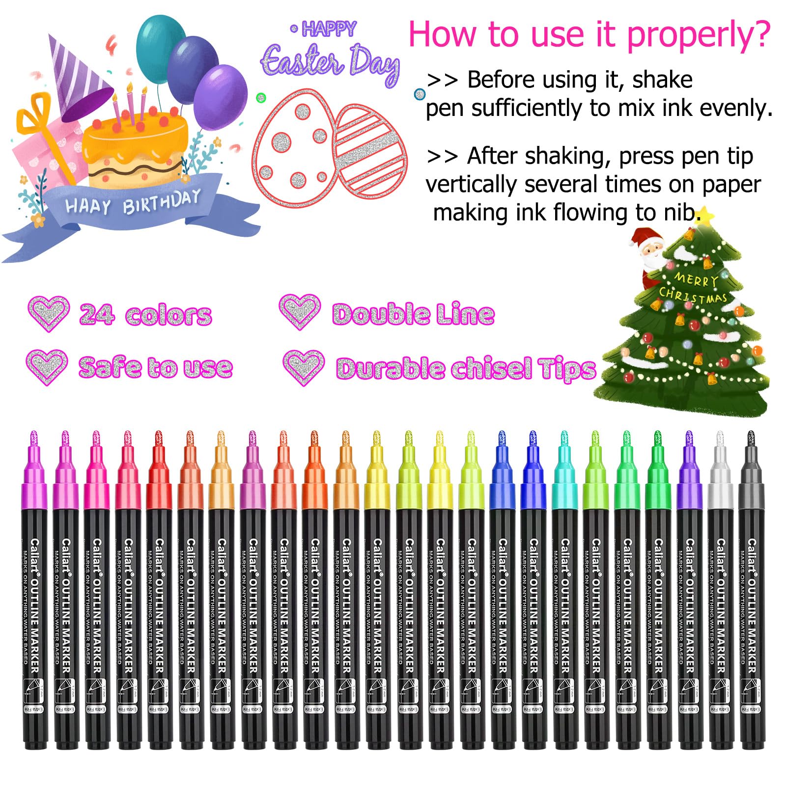 Caliart 24 Colors Outline Shimmer Markers, Glitter Metallic Marker Pens, Stocking Stuffers for Teen Girls Boys Adults Christmas Gifts Trendy Stuff, Cool Fun Craft Drawing Arts Supplies Set