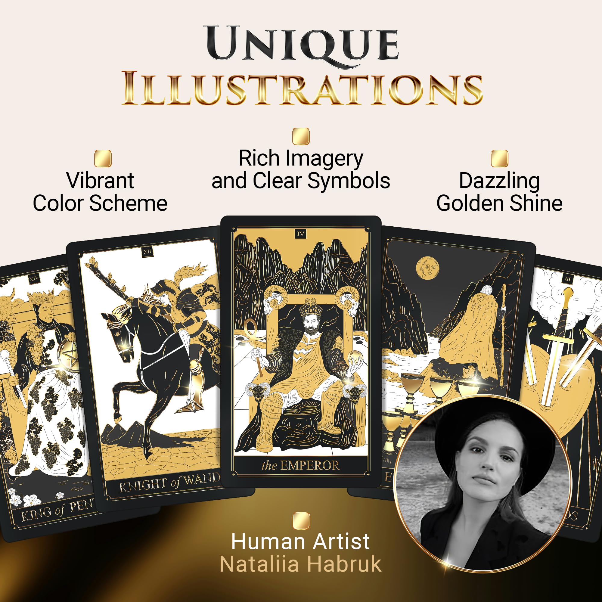 Wyspell Classic Tarot Cards with Guide Book - 78 Gold Cards for Beginners - Black Tarot Decks with Guidebook - Original Cards Deck with Guidebook