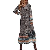 PRETTYGARDEN Long Sleeve Maxi Dress for Women V Neck Casual Button Down Boho Long Floral Dresses