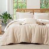 TISPLR Queen Size Beige Comforter Set, 3 Pieces Double-Layer Crinkle Gauze Soft Bedding for All-Season Lightweight Warmth with 2 Pillowcases