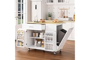 OtterOasis Kitchen Island with Storage, 31.5" D Rolling Kitchen Island Cart on Wheels with Widen Drop Leaf Rubberwood Top, Large Mobile Kitchen Islands with Trash Can Storage and Towel Bar, White