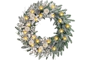 WANNA-CUL Pre-Lit 30 Inch Large Christmas Wreath for Front Door with 50 Led Lights,Silver White Lighted Christmas Door Wreath Decor with White Apples and Berries, Battery Operated