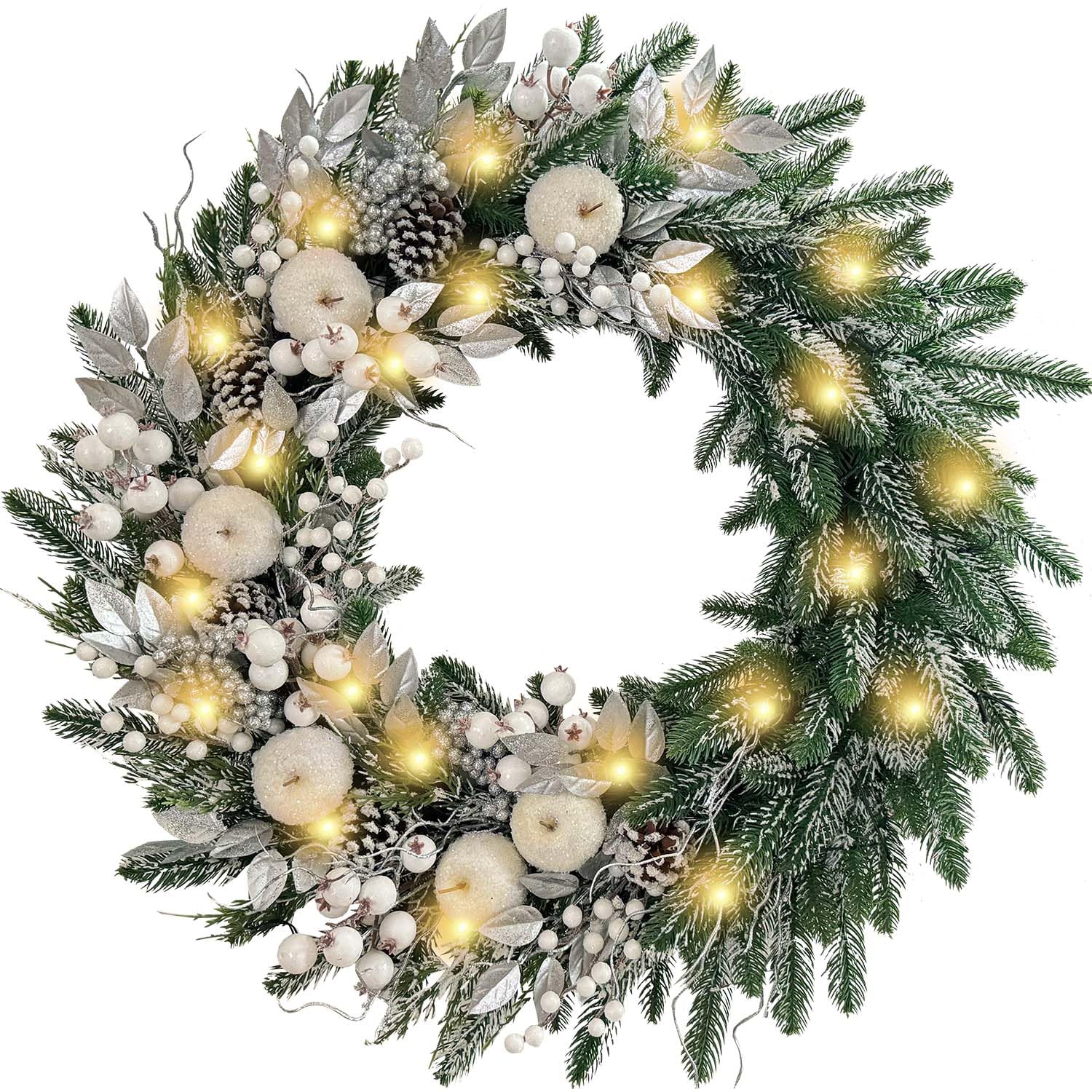 Photo 1 of WANNA-CUL Pre-Lit 30 Inch Large Christmas Wreath for Front Door with 50 Led Lights,Silver White Lighted Christmas Door Wreath Decor with White Apples and Berries, Battery Operated