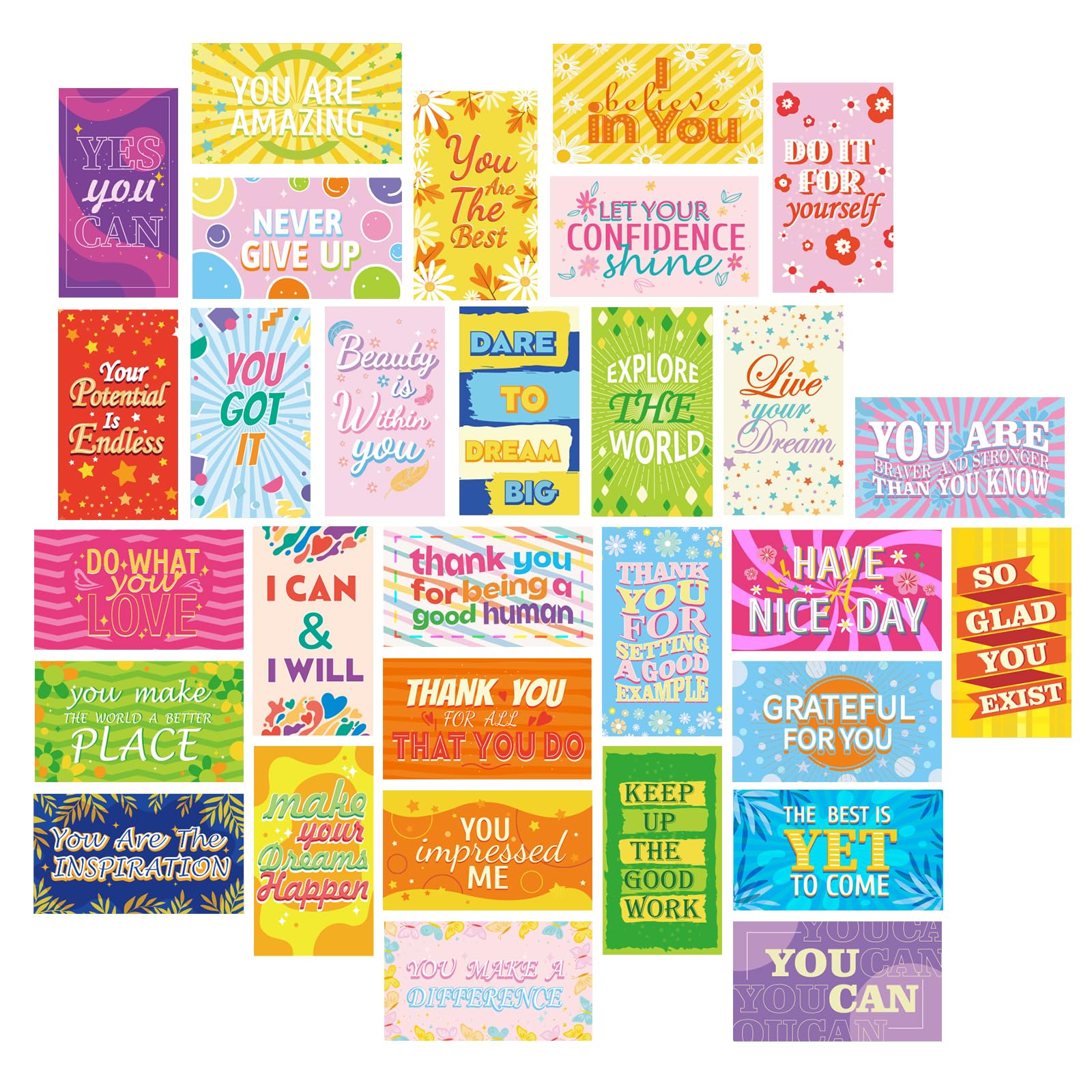 MWOOT 90 Pcs Inspirational Word Note Cards, Encouragement Greeting Cards for School Workplace Gifts, Mini Appreciation Business Cards for Students Teachers Kids (30 Styles,Colorful)