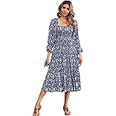 R.Vivimos Women's Summer Cotton Plaid Puff Sleeves Bow Casual Off-Shoulder Boho Midi Dress