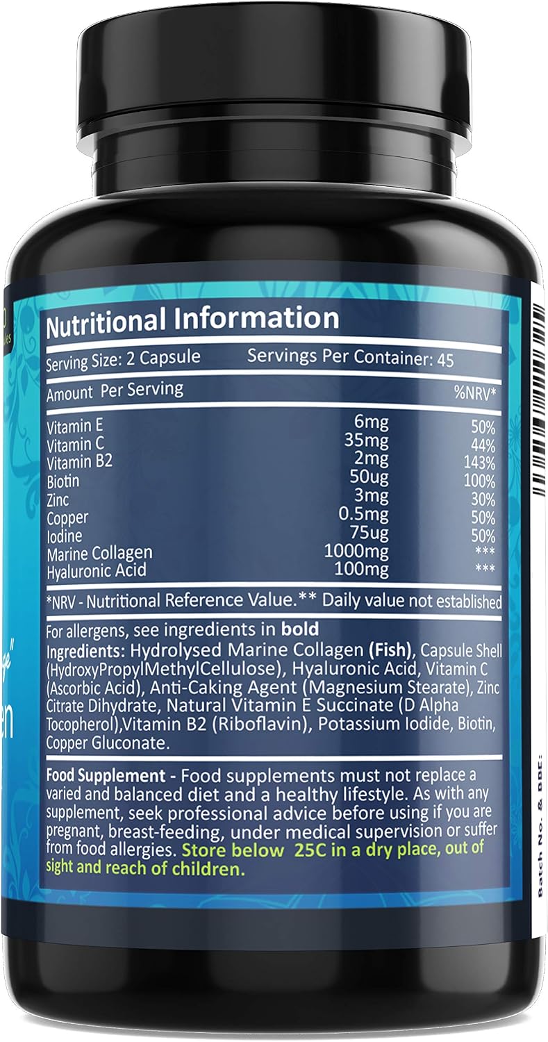 Marine Collagen Tablets 1000mg, 90 Premium Type 1 Hydrolysed Collagen Capsules with Hyaluronic Acid, Vitamin C, E, B2, Biotin - Image 4