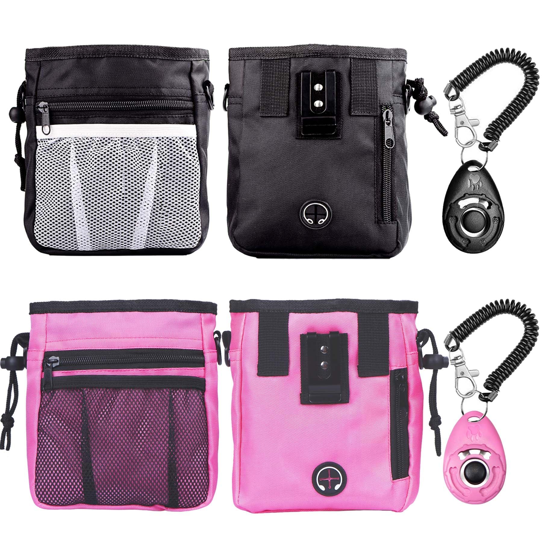 STMK Dog Treat Pouch Dog Clicker Training Kit, Dog Training Treat Pouch Dog Clicker for Training, 3 Ways to Wear Easily Carries Treat Pouches for Pet Training (Black and Pink)