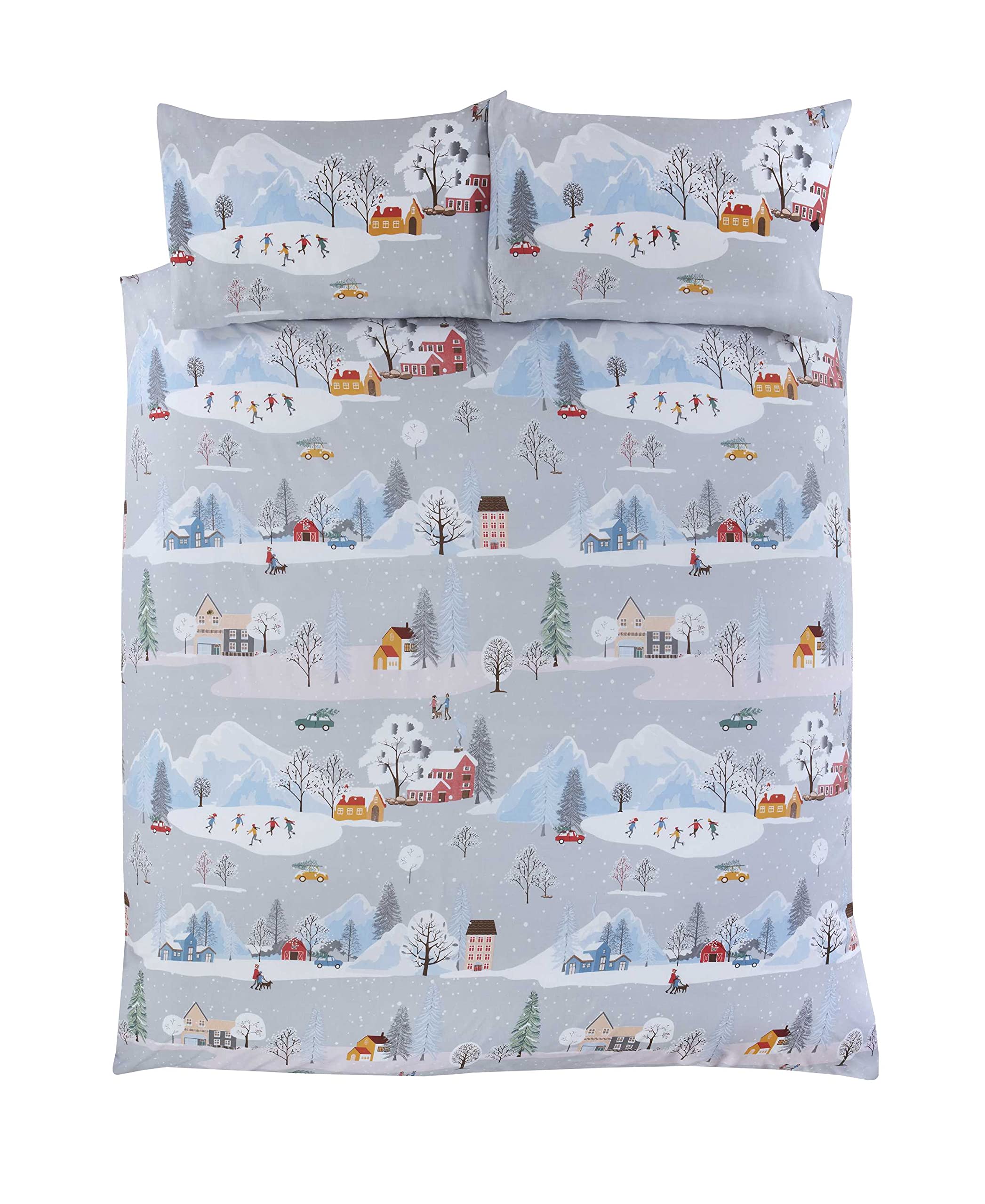 Rapport Home Winter Town Christmas Duvet Cover Set | Festive King Bedding with Reversible Winter Village Print | Easy Care Microfiber Quilt Cover & Pillowcases