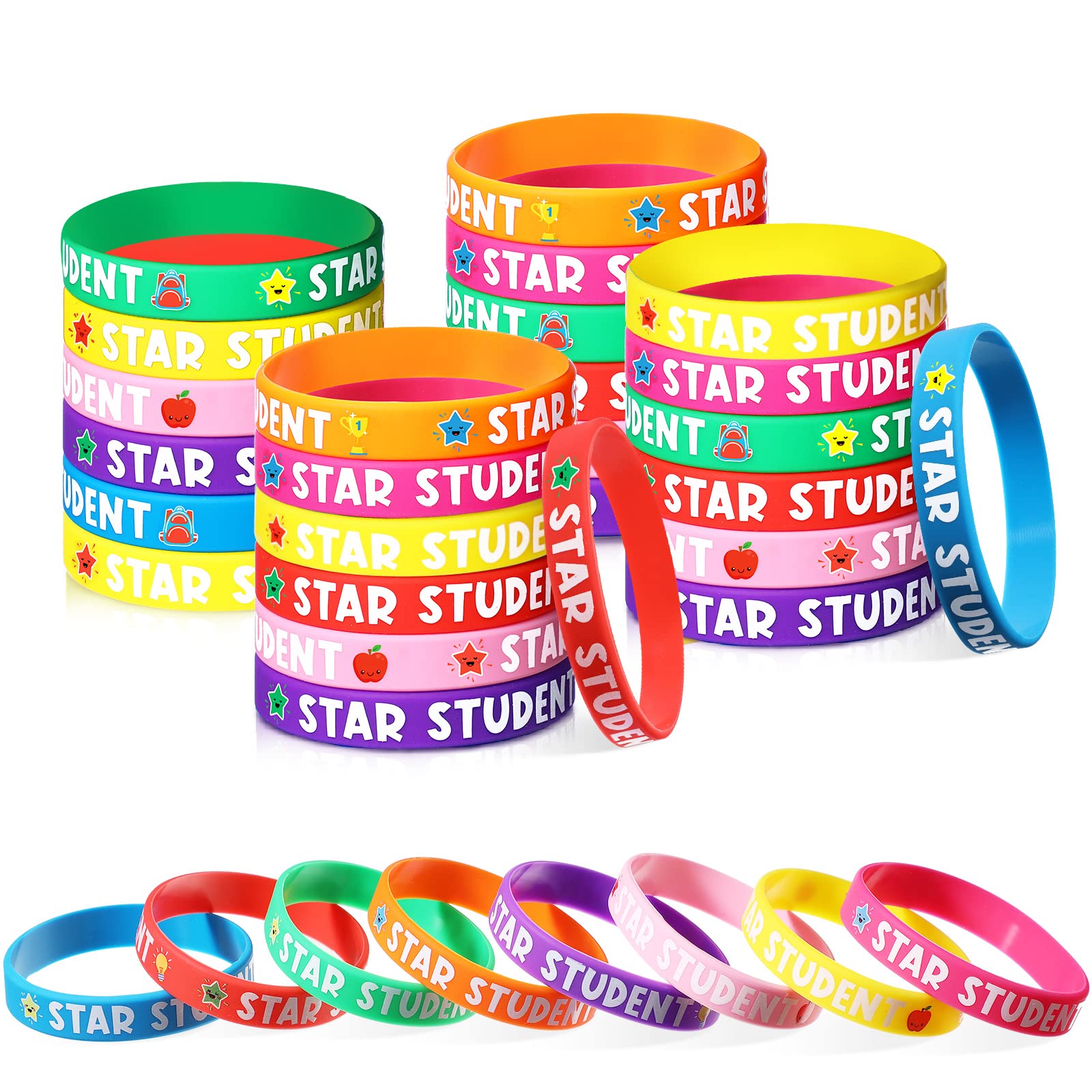 Aoriher Star Student Bracelets 8 Colors Student Wristbands Reward Silicone Star Rubber Bracelet for Sports Office Substitute Teacher Recognition Award Supplies Education Kid Activity(40 Pcs)