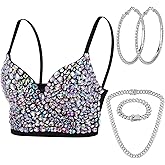 Tisancy 4 Piece Rhinestone Diamond Push up Corset Top with Rhinestone Necklace Earrings for Cosplay Party Halloween Decor