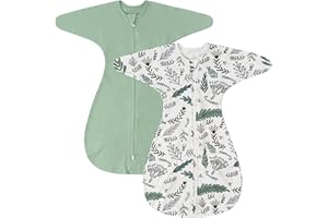 ZIGJOY Shark-Fin Transition Swaddle - 1.0 Tog Baby Sleep Sack Soft Cotton Transitional Swaddle Baby Wearable Blanket with 2-Way Zipper for All Seasons, Green&Leaf, 6-12 Months