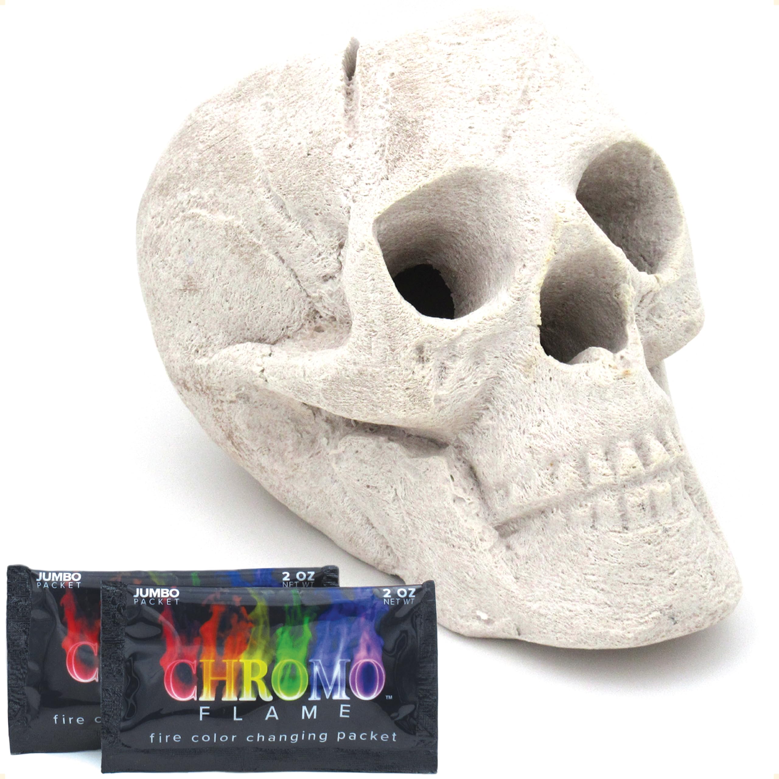 OSKER Fire Pit Skull with Fire Color Changing Packets | Ceramic Fireproof Log for Bonfire, Campfire, Fireplace, Firepit | Halloween Decor | Gas, Propane, or Wood Fires | 9 Inch - Light Beige Image