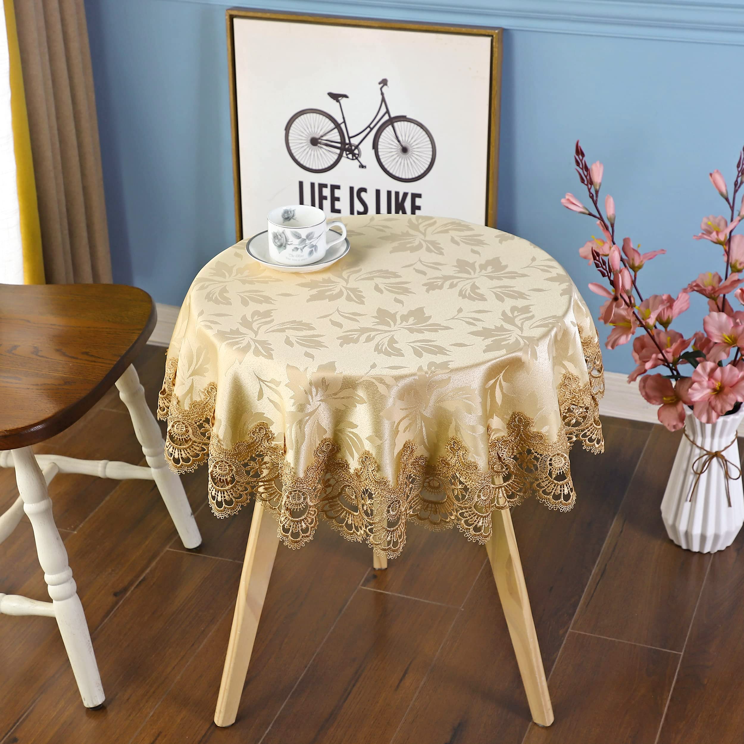 Jacquard Gold Small Round Lace Embroidery Tablecloth End Side Card Table Cover Kitchen Dining Room Tabletop Decorations 90 cm