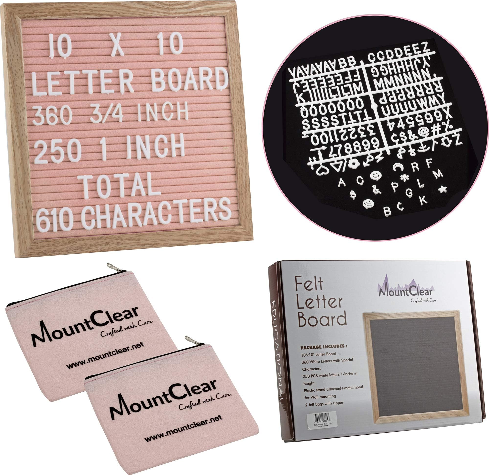 10” X 10” Felt Letter Board with 360 Changeable White Letters – Two Zippered Pouches- Plastic Stand and Metal Hook for Easy Display (Hot Pink)