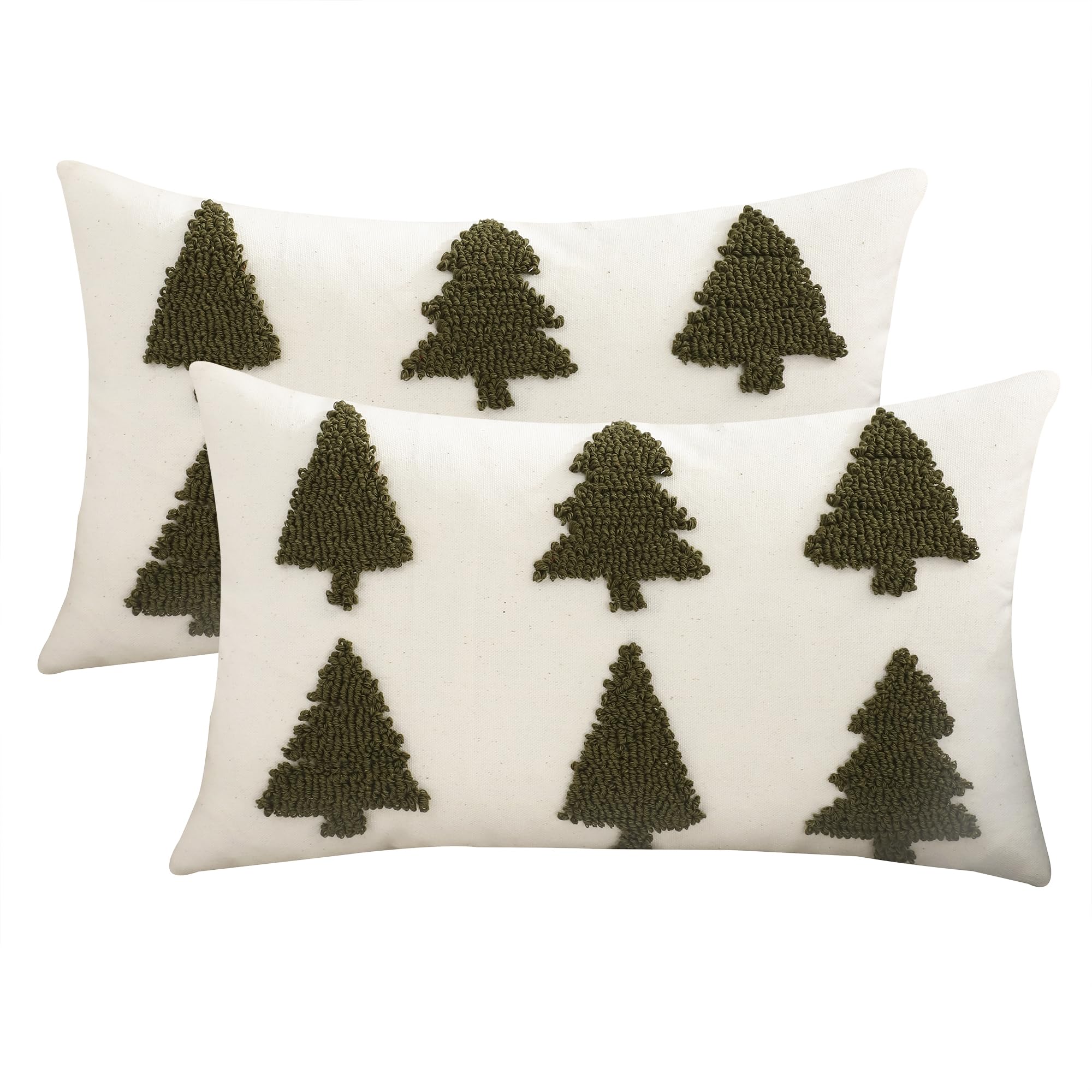 Tosleo Christmas Embroidered Pillow Covers 12 x 20 Inch Set of 2 - Dark Green Multiple Trees Throw Pillow Cover for Party Decor Winter Holiday 3D Cushion Case