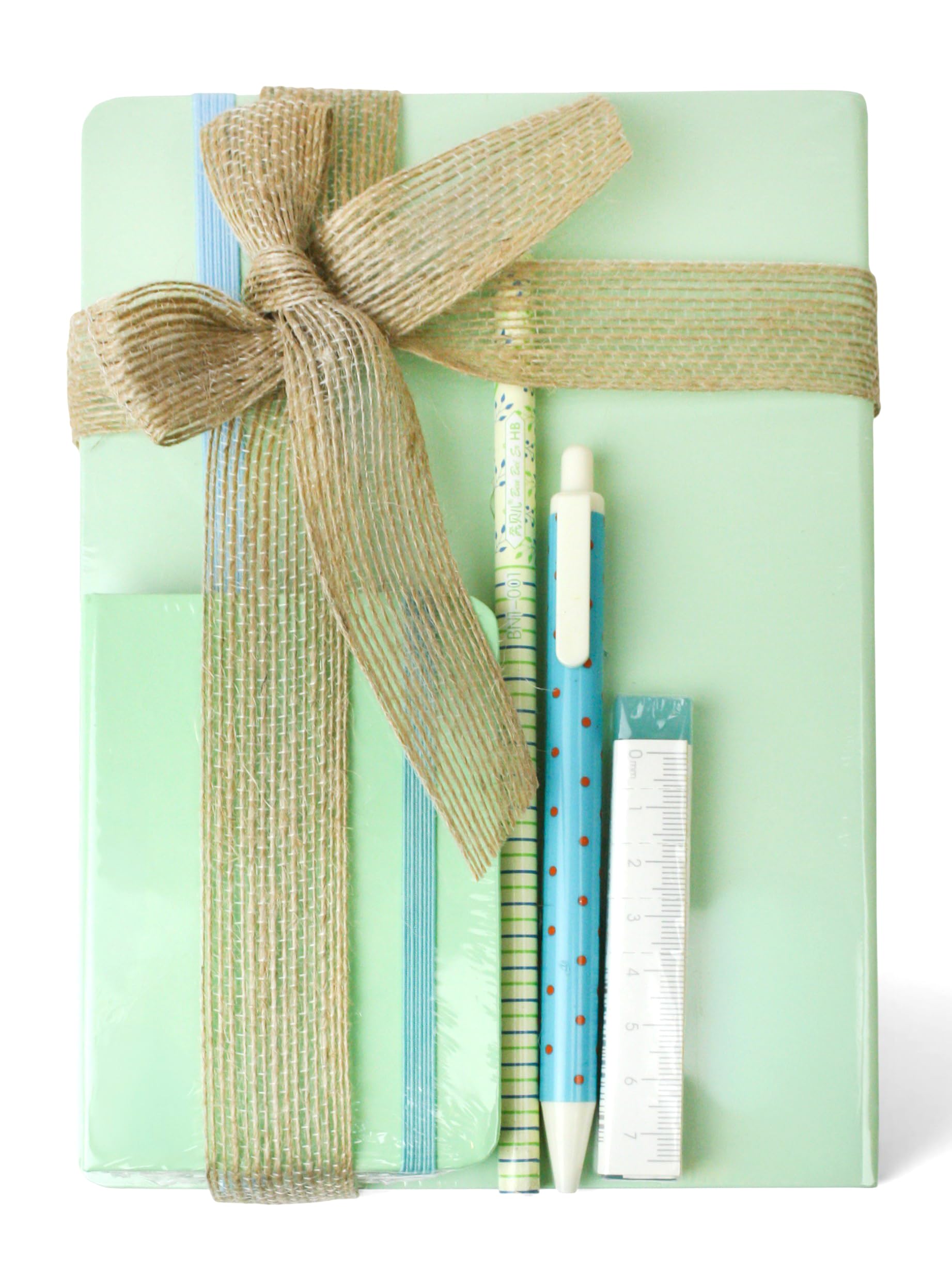 Emartbuy Cool Stationery Unique Gift Set with Pastel A5 and A7 Notebook Journal Eraser Gel Pen Pencil in Ribbon - Pastel Green
