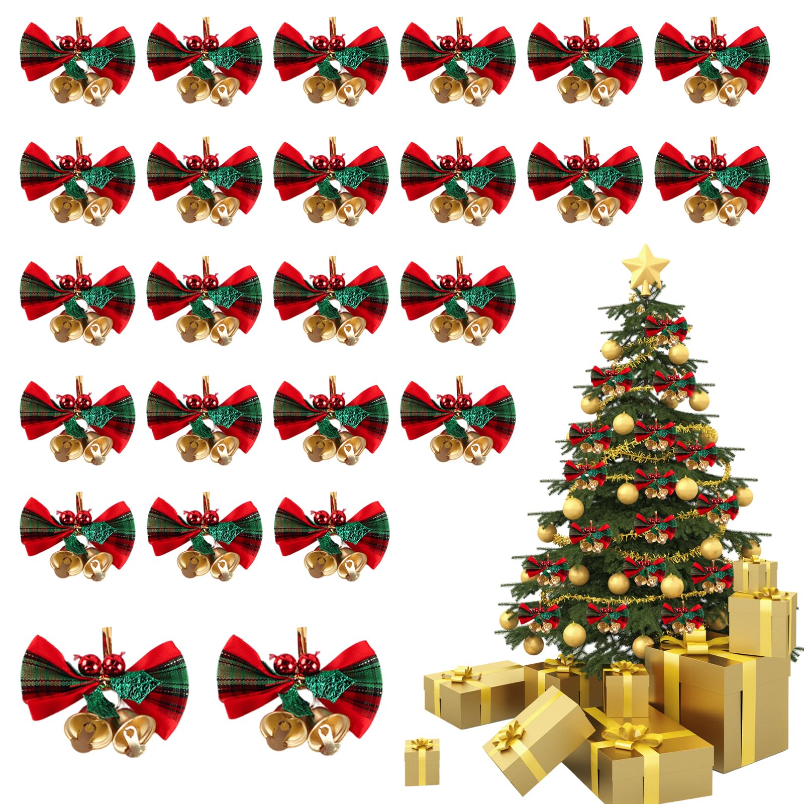 Bliceon 25pcs Christmas, Mini Tree, Wreath, New Year Red, Green, Gold Fabric Hanging Decorations