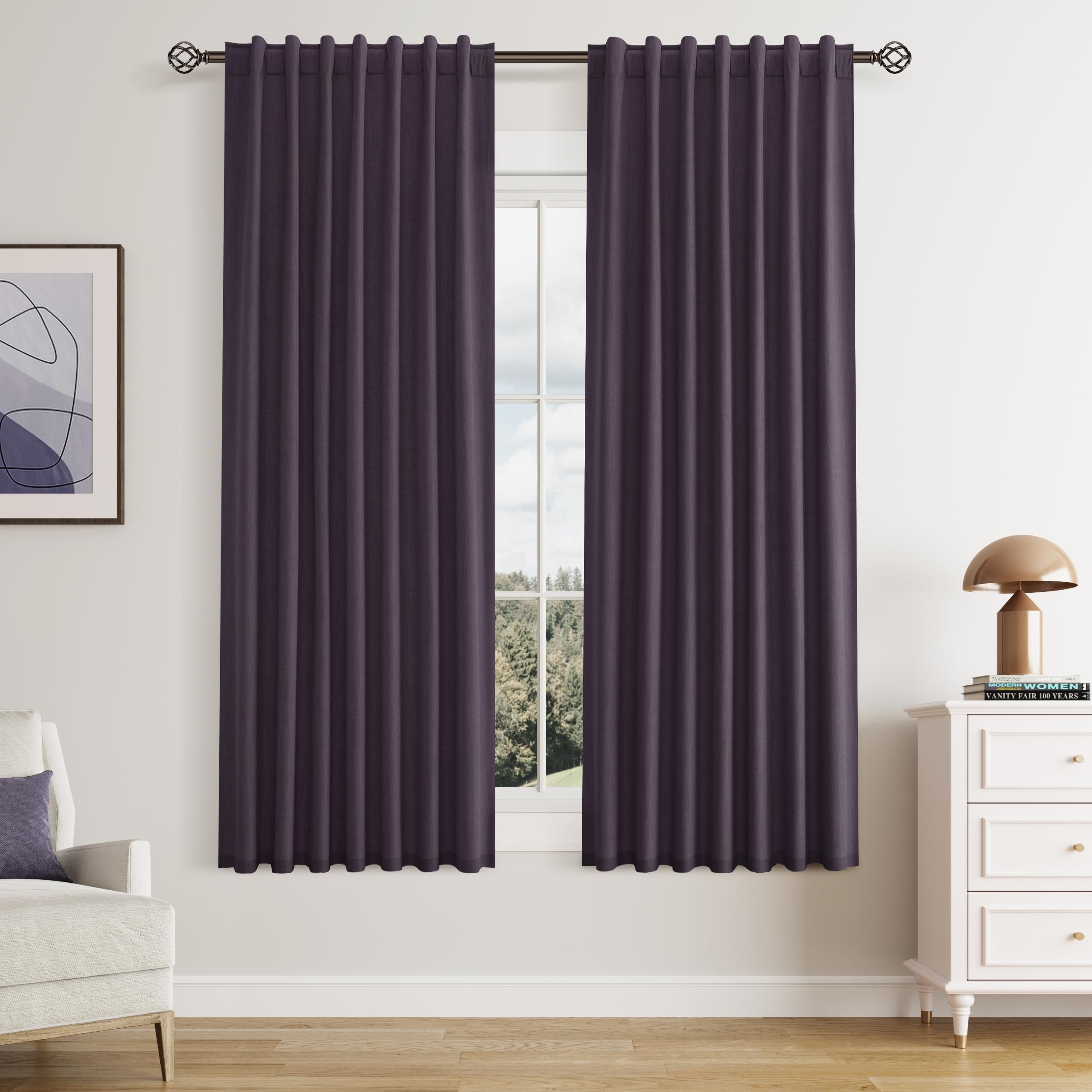 Guken 100% Blackout Curtains 63 Inch Length 2 Panels Set for Living Room Bedroom Back Tab Thermal Insulated Black Out Linen Drapes Room Darkening Window Curtains 63 Inches Long,Plum Image
