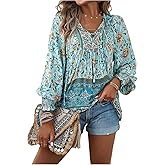 SOLY HUX Women's Floral Tops V Neck Lantern Long Sleeve Shirred Casual Boho Vacation Blouse