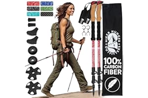 HIKER HUNGER OUTFITTERS 100% Carbon Fiber Trekking Poles by USA Brand - Ultra Strong Lightweight Collapsible Hiking Poles w/Cork Grips & Quick Adjustable Flip Locks
