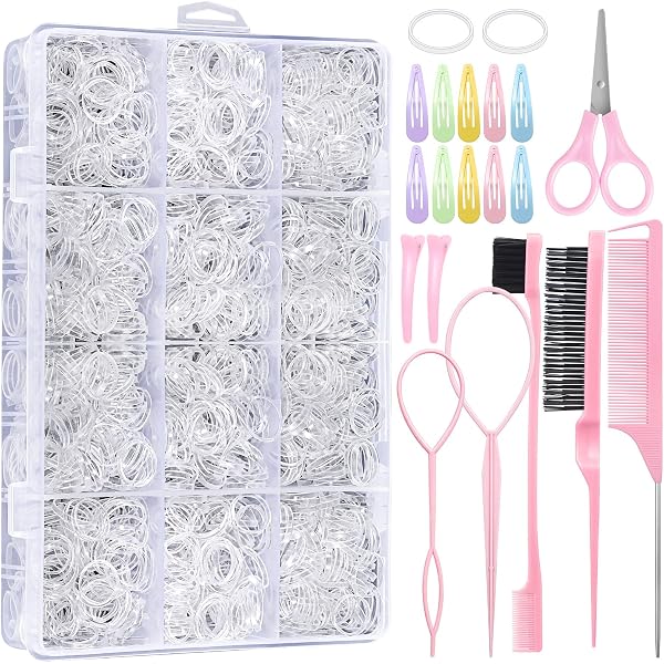2200 Stück Elastische Haarbänder Set – Transparent & Schwarz, Mit Topsy Tail Werkzeug, Kamm & Gummischneider