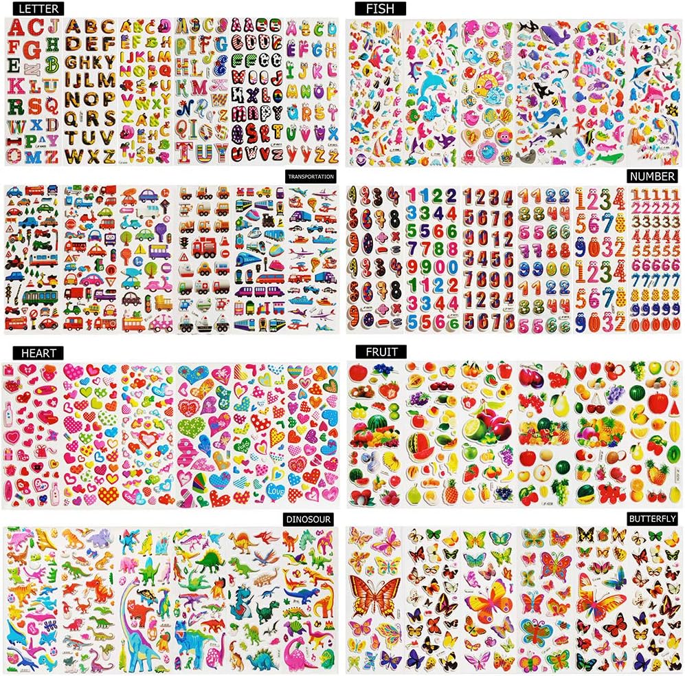 CNYMANY 60 sheets (1800+) Stickers for Kids 3D Puffy Stickers for Scrapbooking Bullet Journal Including Letter Fish Vehicle Number Heart Fruit Dinosaur Butterfly Dessert Animal - Image 3