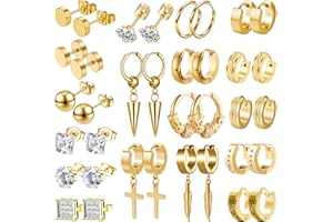 LASPERG Earrings for Men, 18 Pairs Mens Earrings Hoop Black Gold Silver Earrings for Men Stainless Steel Stud Cross Dangle Hoop Earrings Set Fashion Piercing Jewelry