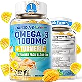 Vegan Omega-3 Gummies 1000mg + Turmeric - Omega 3 Fish Oil Alternative for Adults - Algae DHA 600mg & EPA 300mg, Vitamins A, C, E, Zinc & MSM, Sugar Free, 60 Cts