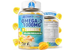 NEXTDIA Vegan Omega-3 Gummies 1000mg + Turmeric - Omega 3 Fish Oil Alternative for Adults - Algae DHA 600mg & EPA 300mg, Vitamins A, C, E, Zinc & MSM, Sugar Free, 60 Cts