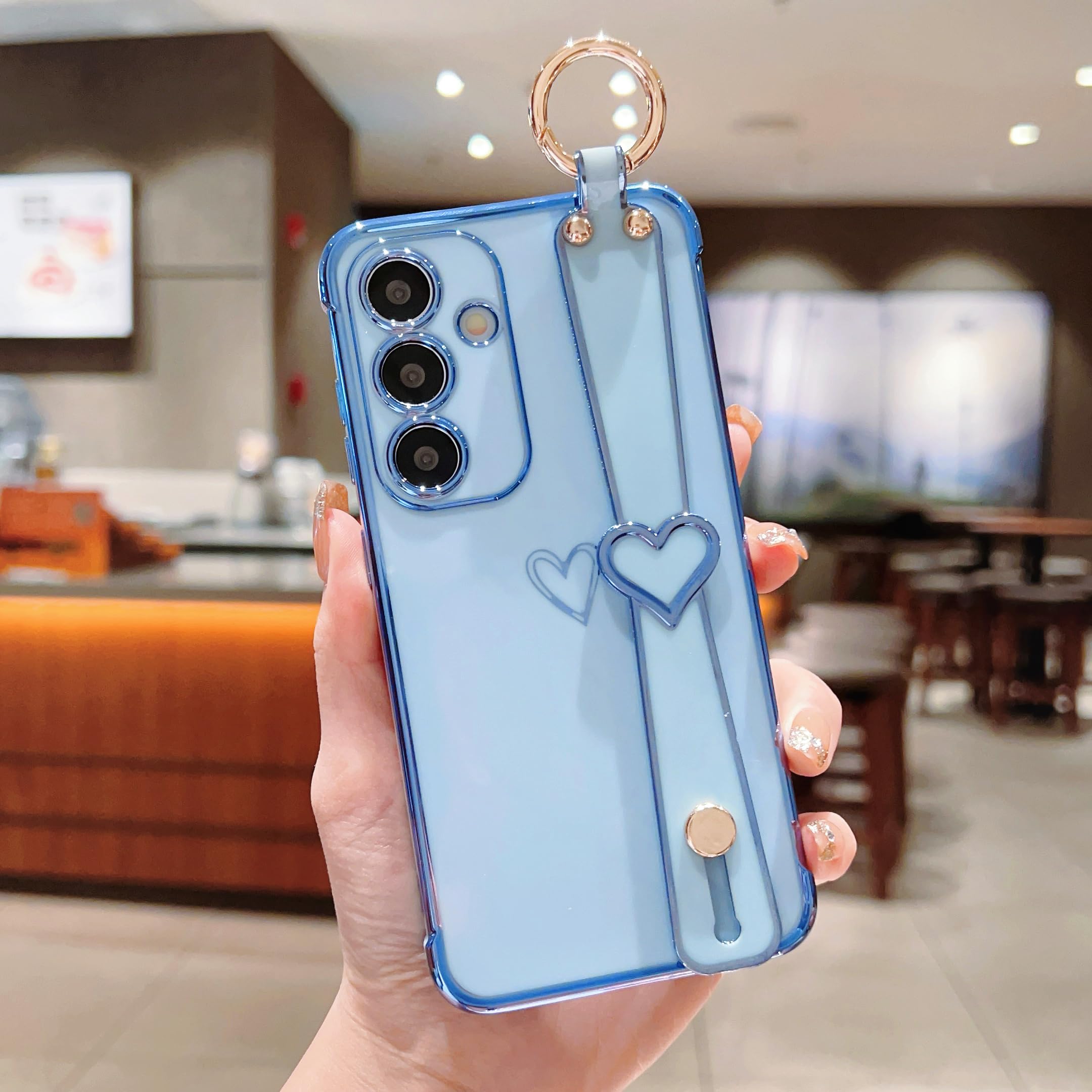 Photo 1 of ZTOFERA for Samsung Galaxy S24 5G Case with Wrist Strap,Luxury Cute Plating Edge Love Hearts Pattern for Girls Women, Finger Holder Kickstand Soft Shockproof Phone Case for Galaxy S24 6.2",Blue
