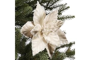 Bucherry 12 Pcs Pearl White Poinsettia Flowers for Christmas Tree Decoration, 6" Plastic Glitter Artificial White Christmas Ornaments with Clips for Holiday Party Xmas Tree Wreath Garland Home Decor