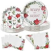 150Pcs Christmas Paper Plates and Napkins Disposable Heavy Duty Dinnerware Set Serve 50, Poinsettia Design Serving Platters, Merry & Bright Floral Tableware for Holiday Home Christmas Party Supplies