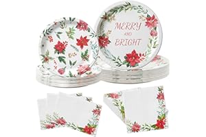 OUMUAMUA 150Pcs Christmas Paper Plates and Napkins Disposable Heavy Duty Dinnerware Set Serve 50, Poinsettia Design Serving Platters, Merry & Bright Floral Tableware for Holiday Home Christmas Party Supplies