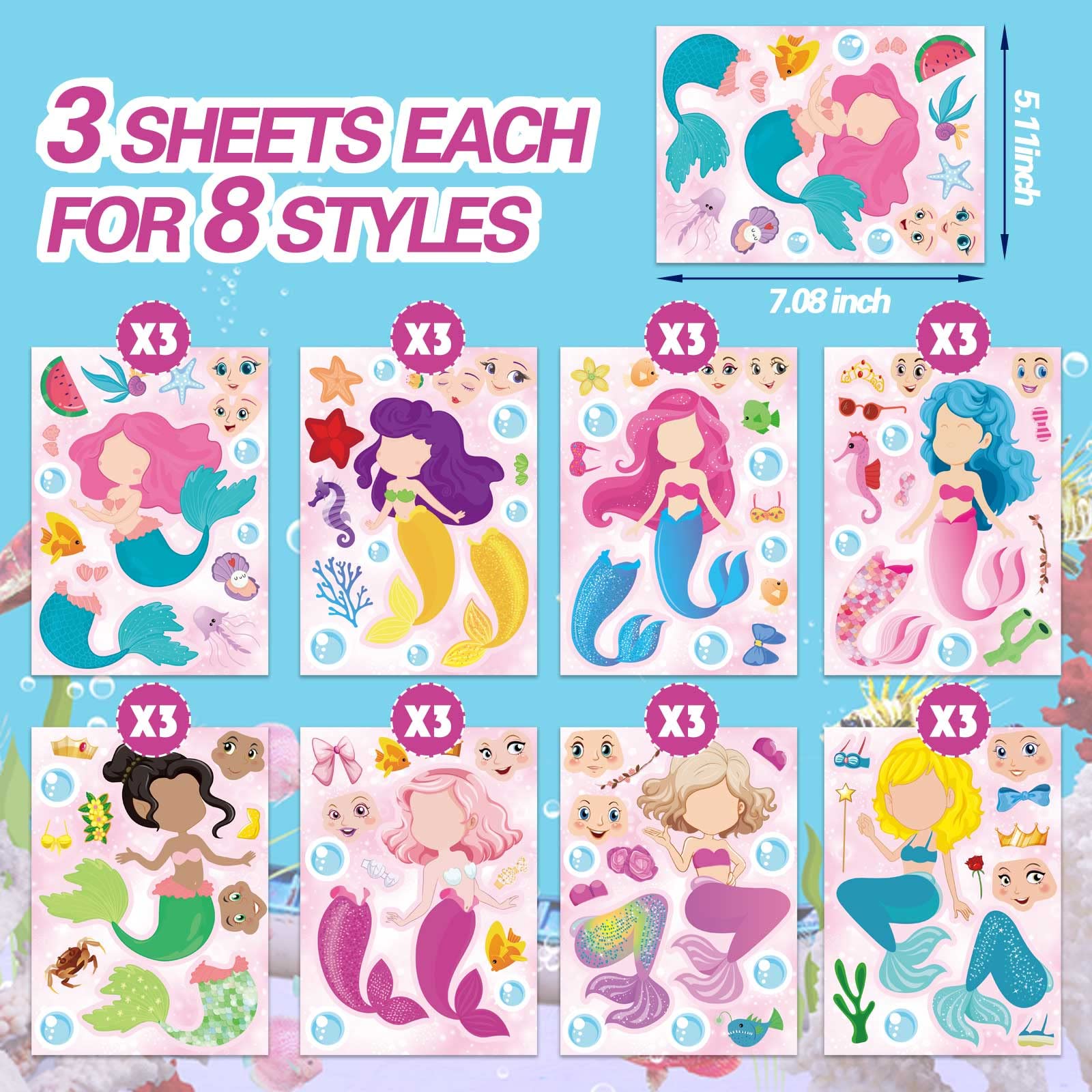 24 Sheets Mermaid Stickers Make Your Own Stickers Party Favors Mermaid Make A Face Sticker for Kids Party Favors,Classroom Teacher Rewards, Art Craft Supplies