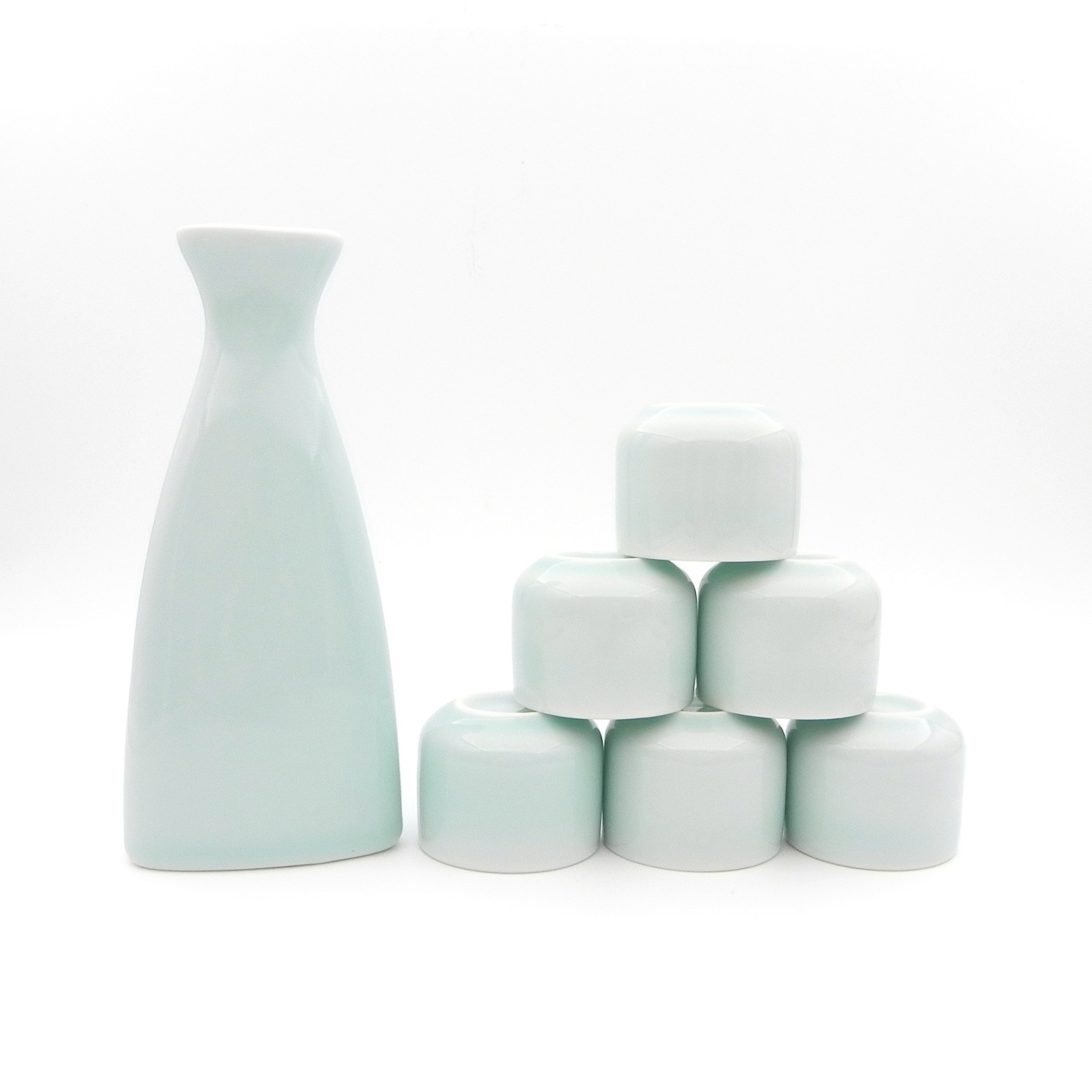 Ashbur Craftmanship 7 Piece Japanese Celadon Glazed Ceramic Sake Set, Triangular Pyramid Style (Light Blue)