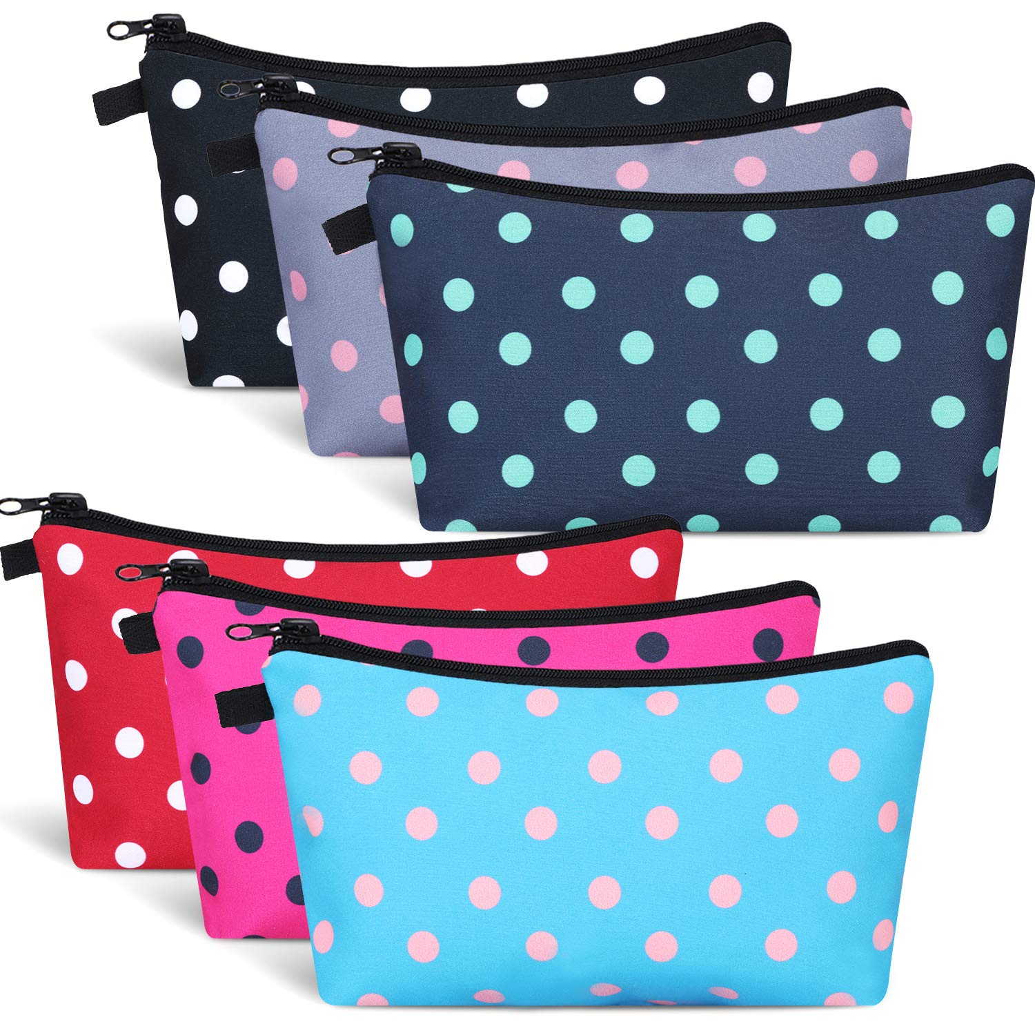 6 Pieces Makeup Bag Toiletry Pouch Waterproof Cosmetic Bag with Mandala Flowers Llama Sloth Unicorn Patterns, 6 Styles (Polka Dots Style)