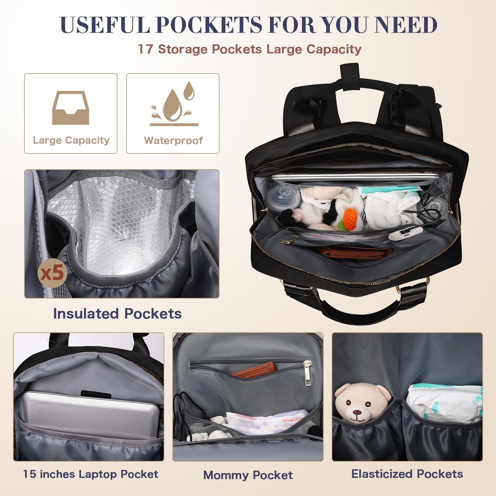 ILCOLPO Diaper Bag Backpack, Baby Diaper Bag with 17 Pockets, Travel Baby Bag Backpack for Girl Boy, Large Diaper Bag with Changing Pad,USB Charging Port,Wet Dry Bag,Black