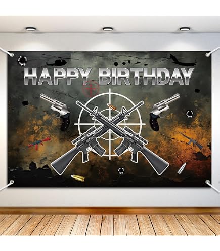 Gun Theme Happy Birthday Cake Topper - Black Glitter Shooting Party Decoration - View #5