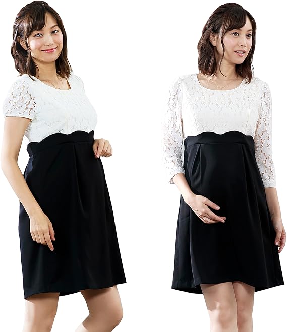 Amazon Co Jp Sweet Mommy マタニティワンピース 授乳服 コードレース スカラップ 7分袖 M ホワイト ブラック 服 ファッション小物