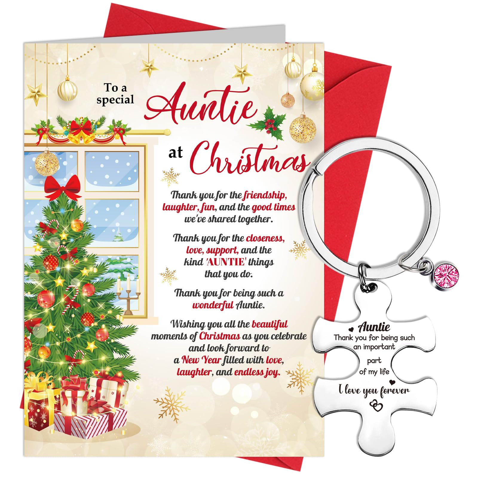HOWAF Special Auntie Christmas Card, Merry Christmas Card Auntie Xmas Card Christmas Card for Auntie Aunt, Aunty Christmas Card with Christmas Keyring Auntie Keyring, Auntie Gifts for Christmas